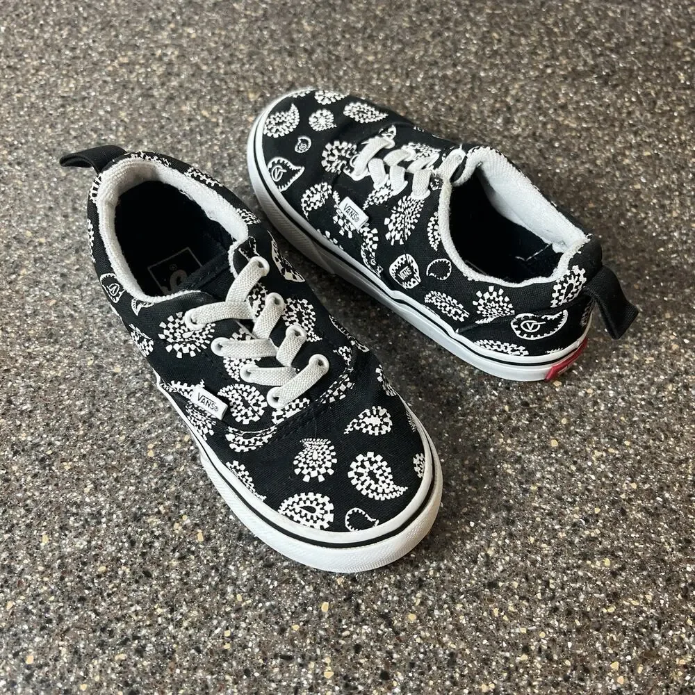 Vans New Era Paisley White/Black Slip On Little Kid Toddler Sz 10 Sneaker Canvas